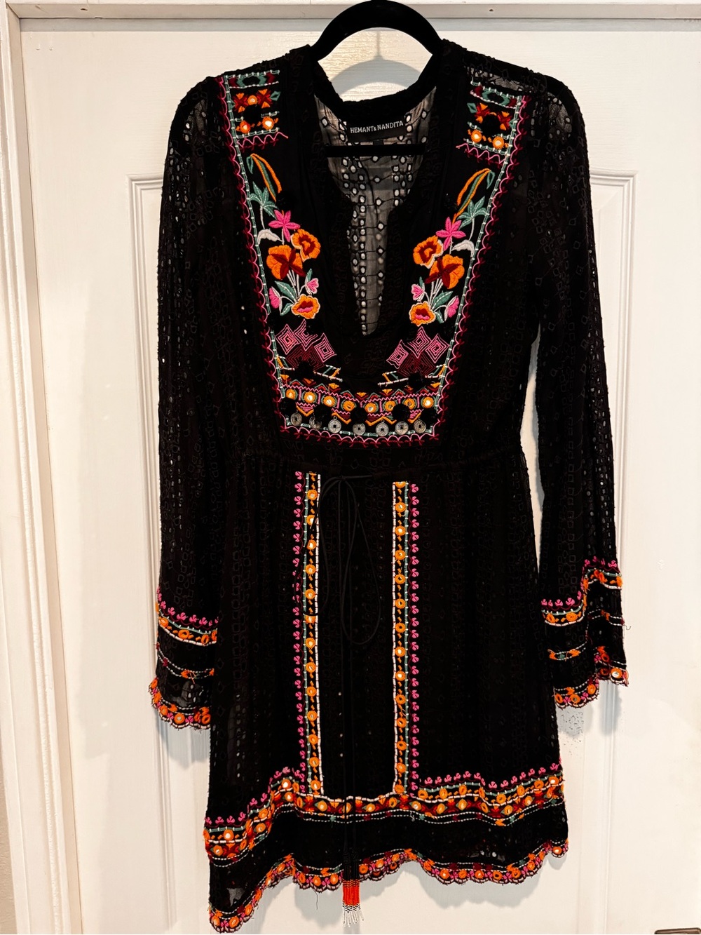 Embroidered Black Floral V-Neck Dress Coverup